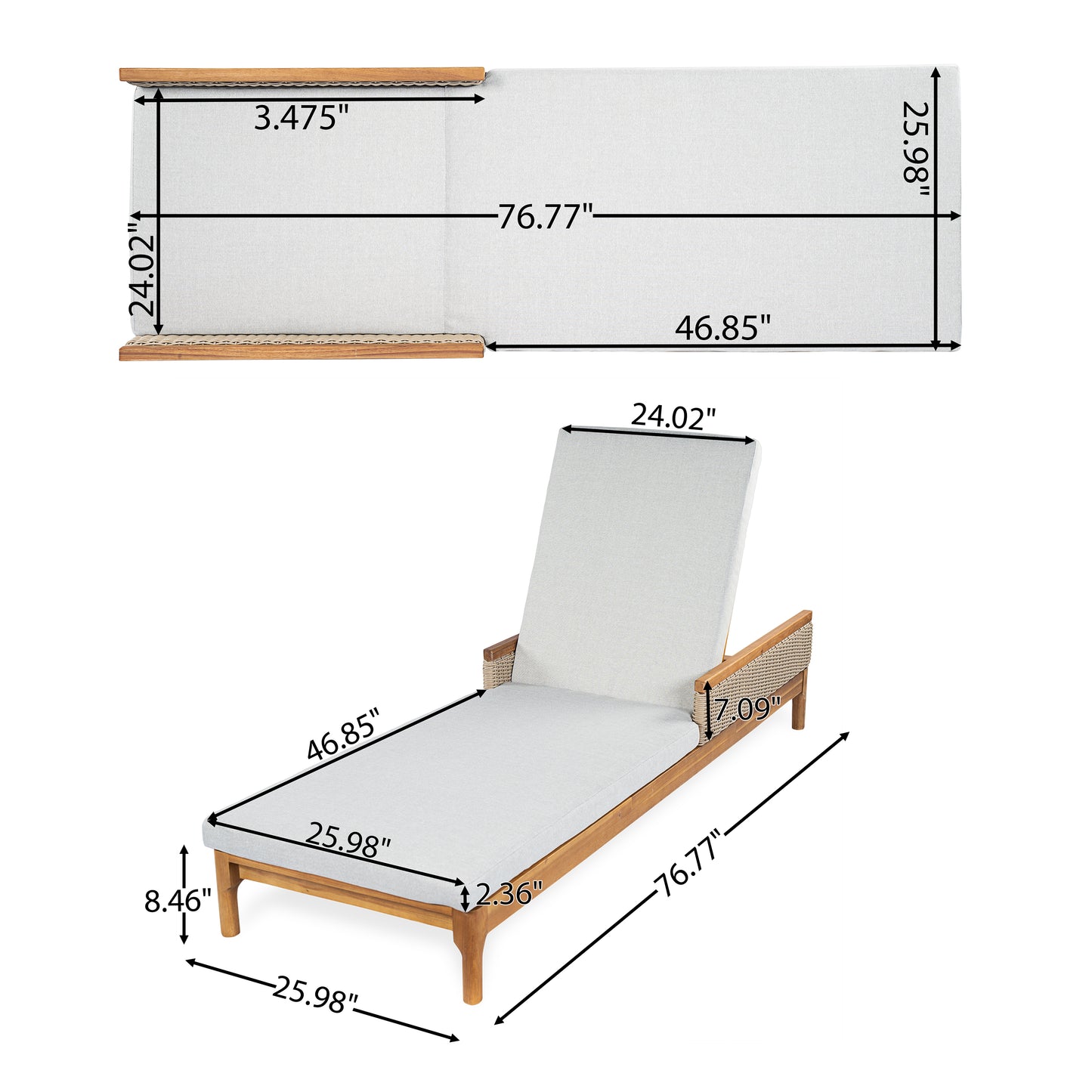 Solid Acacia Wood Sun Chaise Lounger With Grey Cushions And Light Grey Wicker, 76.8  Outdoor Patio Furniture For Garden, Deck, Poolside Relaxation,Natural  Light Grey Wicker