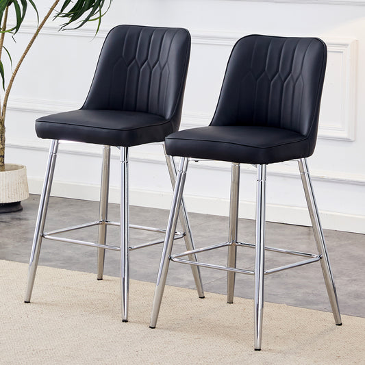 Set Of 2 Bar Stools, 100 Cm High, Black PU Leather With Silver-coloured Metal Frame And Comfortable Footrest. Available In Several Colours  The Ideal Choice For Your Home Bar.