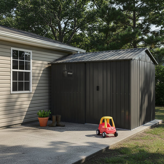 8x6FT Galvanized Steel Outdoor Storage Shed With Sliding Door, Heavy Duty Metal Tool Shed With Window & Vents, Weatherproof Utility Shed For  Patio Lawn,Black