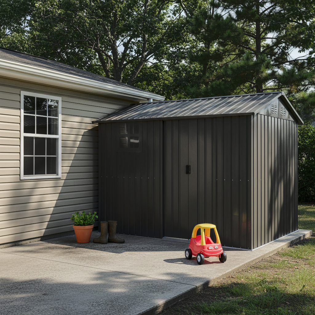 8x6FT Galvanized Steel Outdoor Storage Shed With Sliding Door, Heavy Duty Metal Tool Shed With Window & Vents, Weatherproof Utility Shed For  Patio Lawn,Black