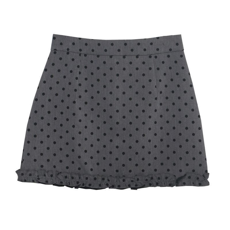 Korean-style Fringed Hem Polka-dot High-waist Anti-exposure A-line Sheath Skirt