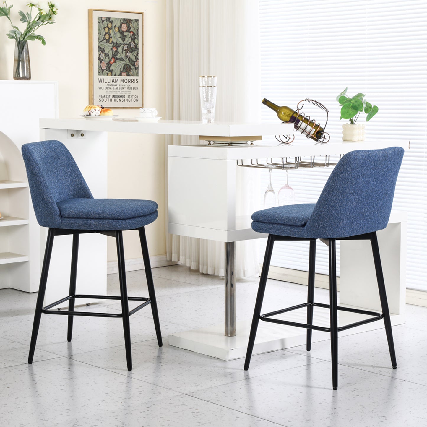 Counter Height Swivel Bar Stools Set Of 2, 360 Swivel Upholstered Barstools With Back And Metal Legs, 25.6 Seat Height,Counter Stools For Kitchen Island And Pub,Linen Cloth,Blue Linen