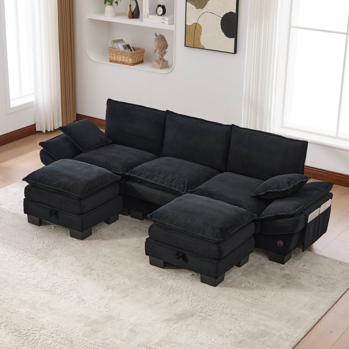 Modular 3-seater Corduroy Sofa  With 2 Stools Wide Seat, Ergonomic Design, High-density Foam Padding, USB-C Port And Side Pockets.Ideal For Living Room, Office Or Lounge.Black