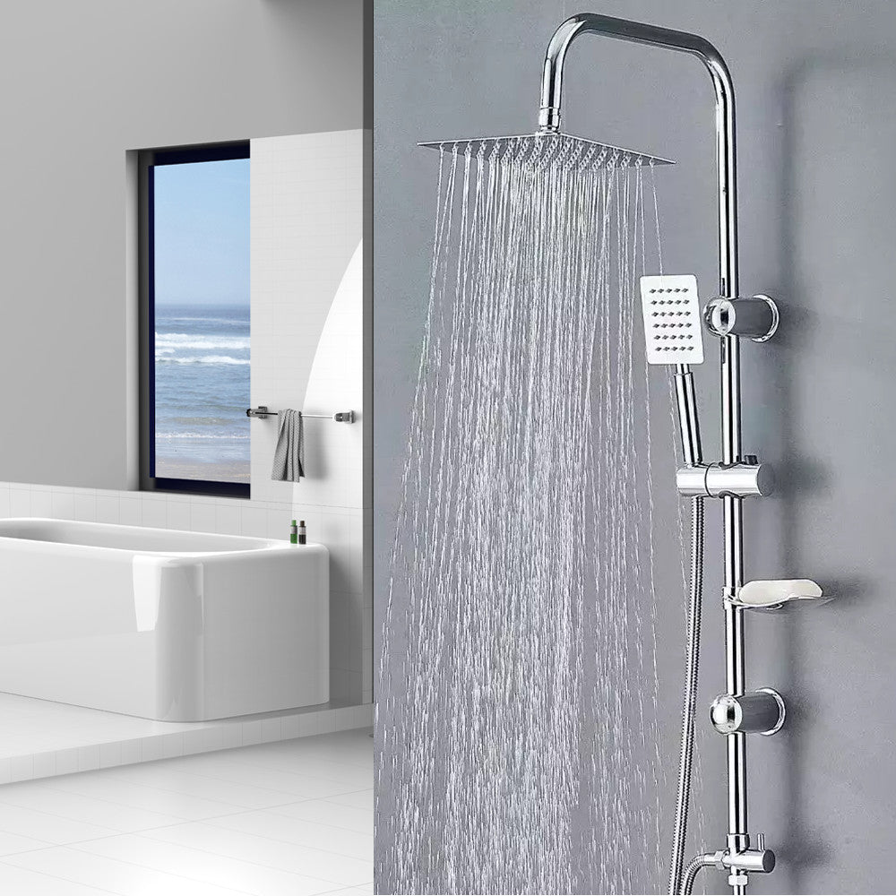 Bathroom Shower Kit Twin Head  Square Fixed Head Riser Rail Bath Mixer Tap Set