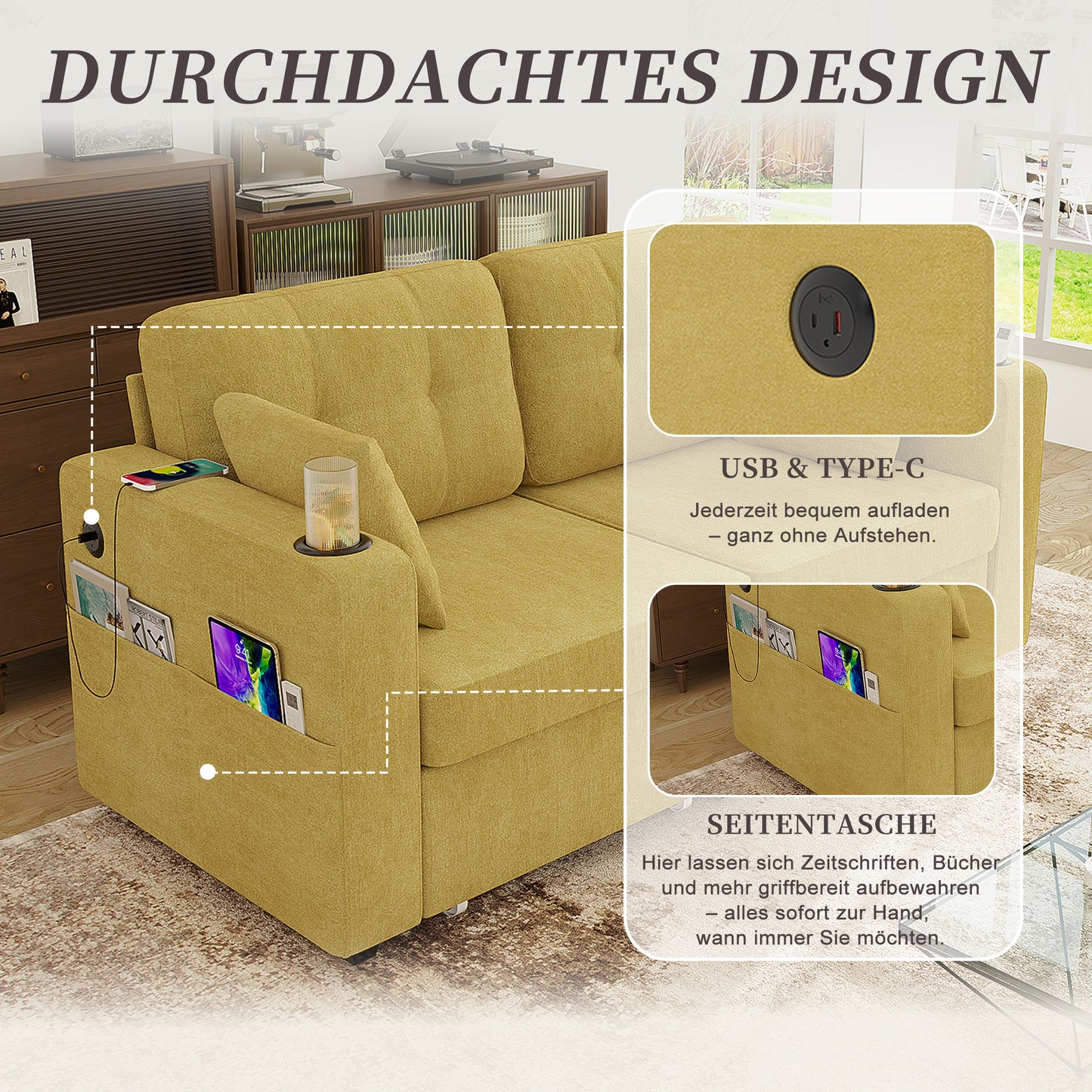 Two-seater Sofa With Two Storage Drawers And USB Charging Ports, With Cup Holders And Side Pockets, Equipped With Hidden Storage Compartments. Suitable For Living Rooms, Apartments And Reading Corners