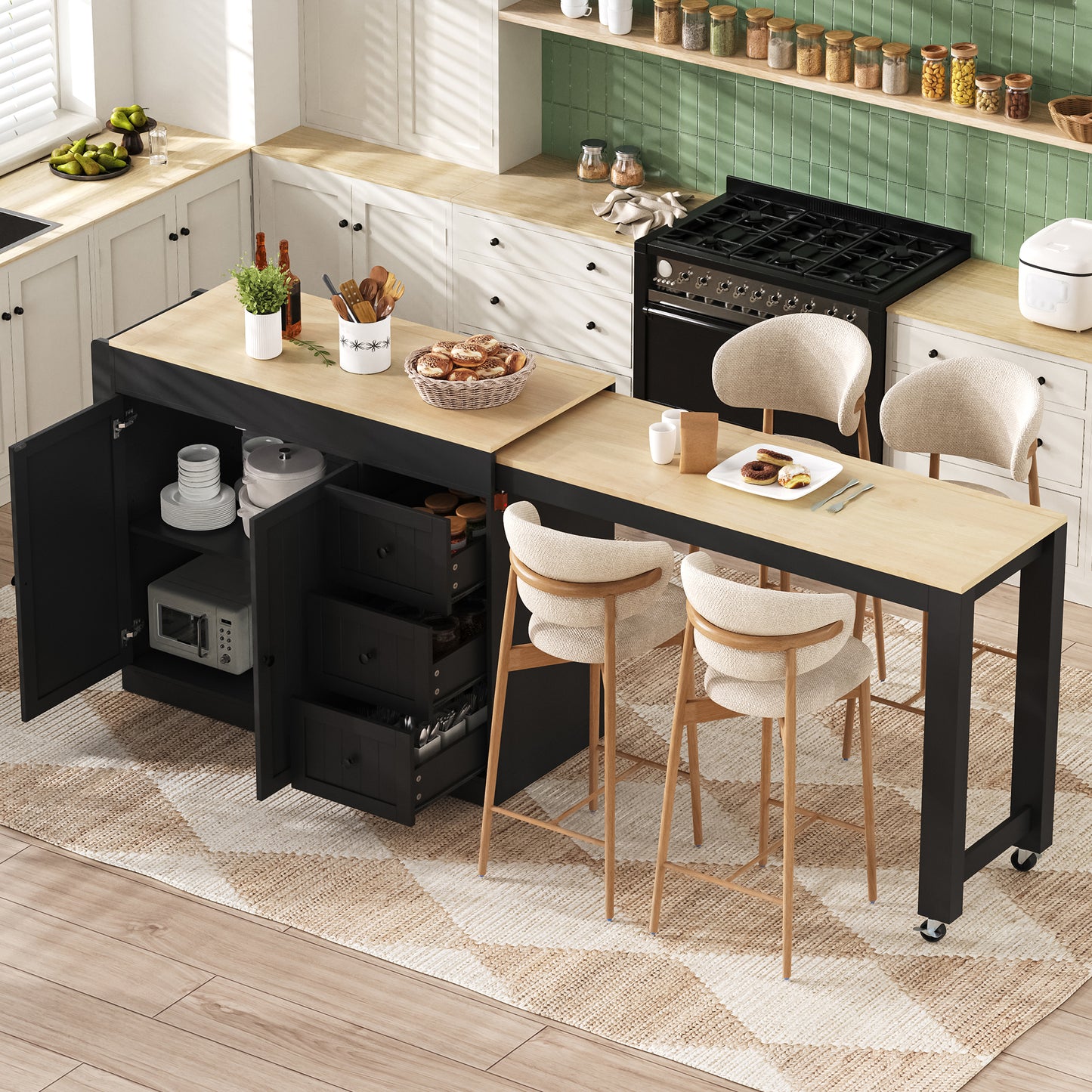 Kitchen Island On Wheels, Extendable Dining Area Kitchen Island With Spice Rack And Drawers, Mobile Kitchen Island Freestanding, Ideal For Kitchen And Dining Room  Black