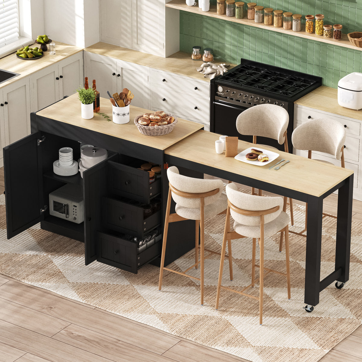 Kitchen Island On Wheels, Extendable Dining Area Kitchen Island With Spice Rack And Drawers, Mobile Kitchen Island Freestanding, Ideal For Kitchen And Dining Room  Black