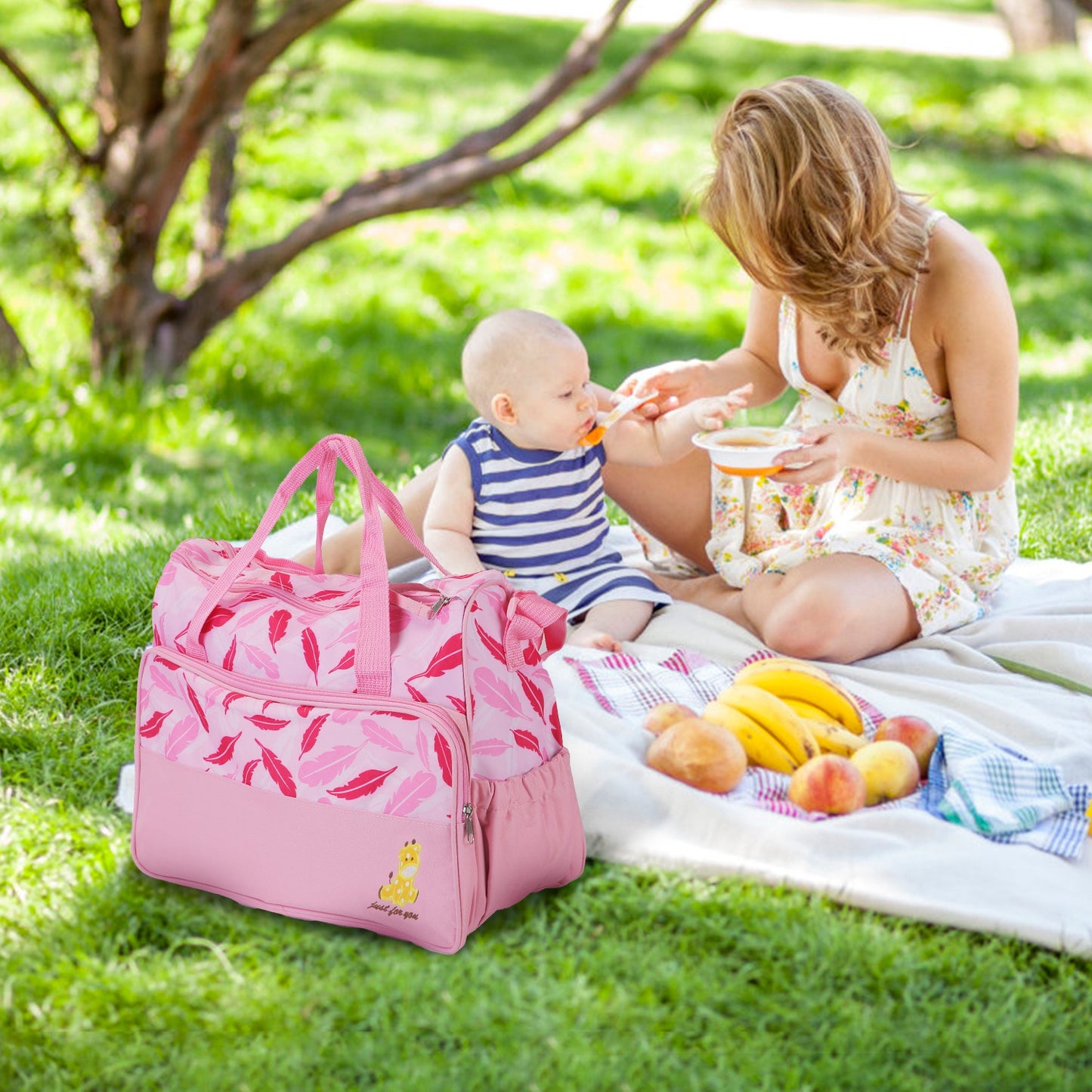 5Pcs Baby Nappy Diaper Bags Set For Picnic Mummy Diaper Handbags With Diaper Pad Food Bag Bottle Bag Travel Tote Bags For Mom Dad