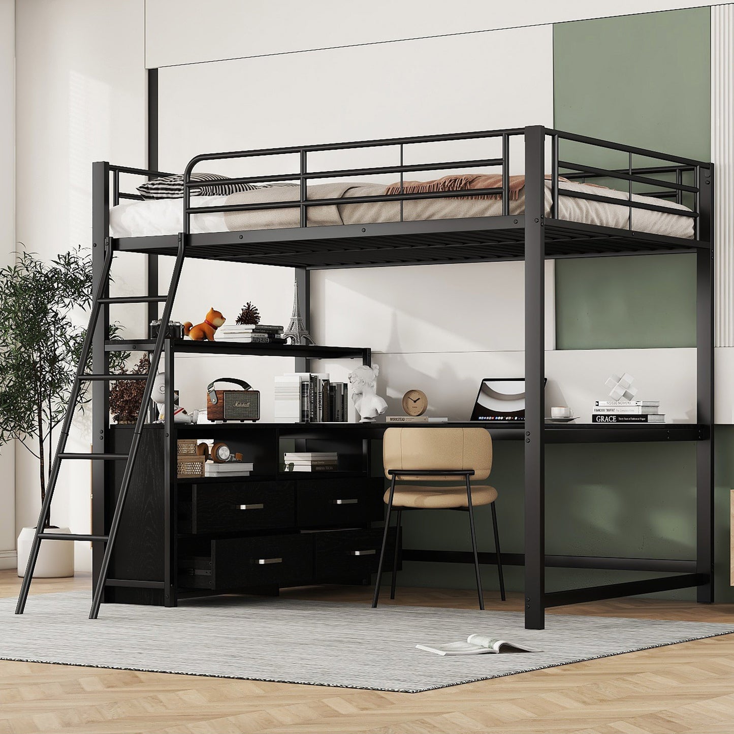Loft Bed, 140X200cm, Iron Frame Bed, Practical Drawers, Stylish L-shaped Desk, Laminate Design, Without Mattress, Black