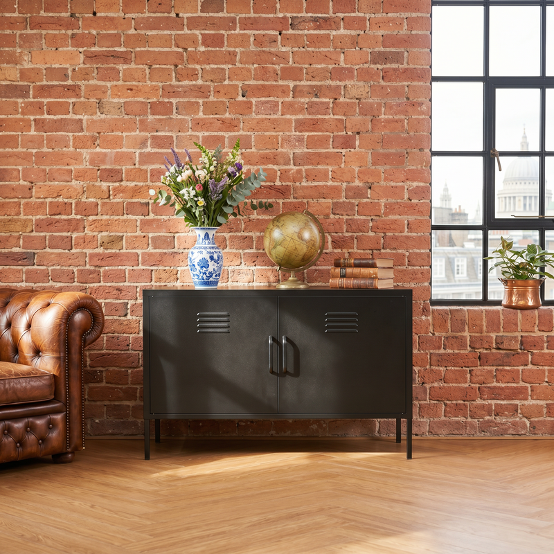 Black 2-Door Wide Metal Storage Cabinet W Legs & Vent, Low Side Cupboard For Home Office Dining Living Room
