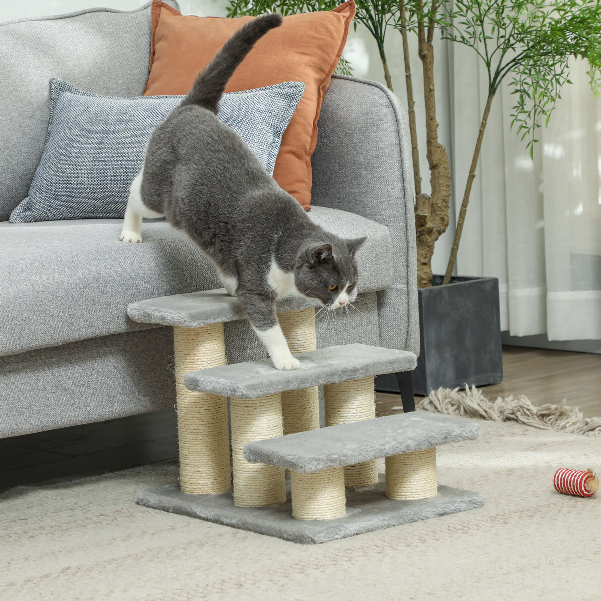 PawHut Pet Stairs 3-step Pet Ladder Cat Dog Stairs Climb Ladder Cat Tree, Grey