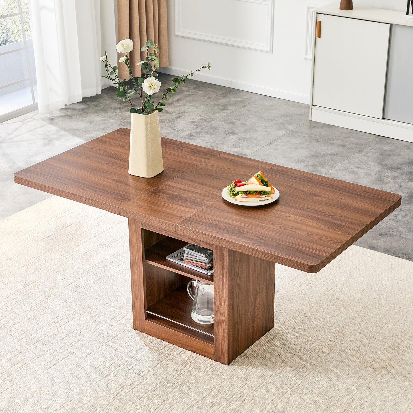 Modern Extendable Walnut Dining Table With Shelf, Space-saving Wooden Kitchen Table For 4-8 People, Extendable Dining Table With Metal Rails