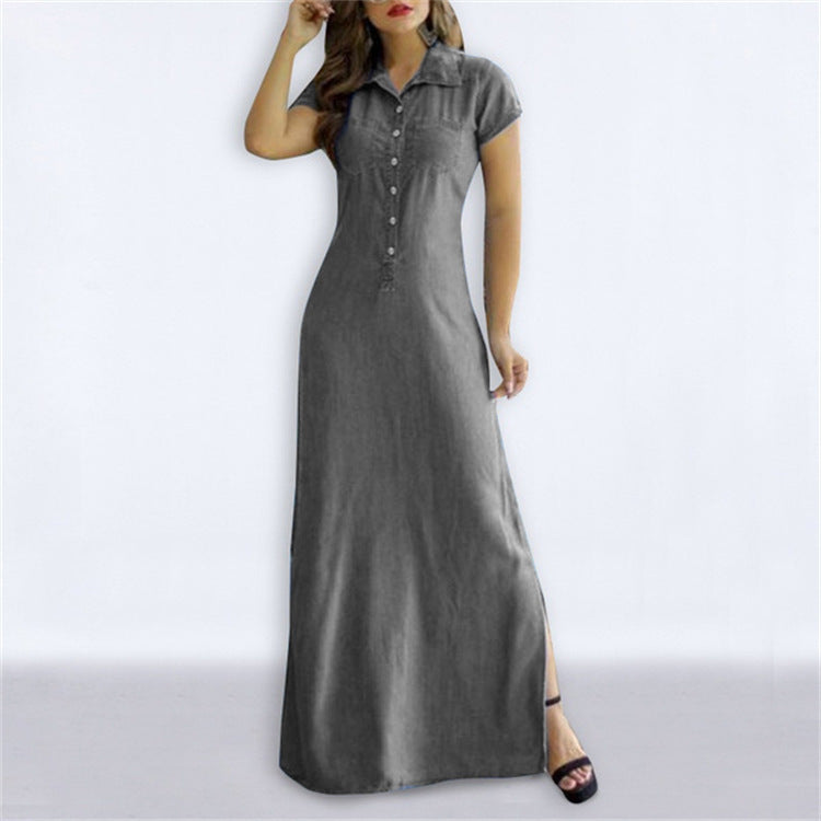 Women's Denim Look Turn Down Collar Short Sleeve Button Front Maxi Dress, Casual A-Line Long Dress For Daily & Office