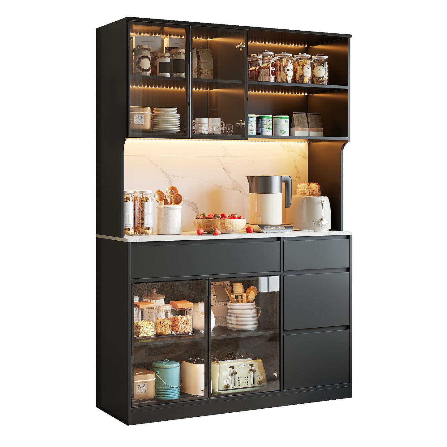 Tall Cabinet, Display Cabinet, Sideboard, Dining Room Cabinet, Living Room Cabinet, Black And White Look, Marble-look Middle Section, MDF Body, Glass Elements, Integrated LED Lights, Versatile Storage