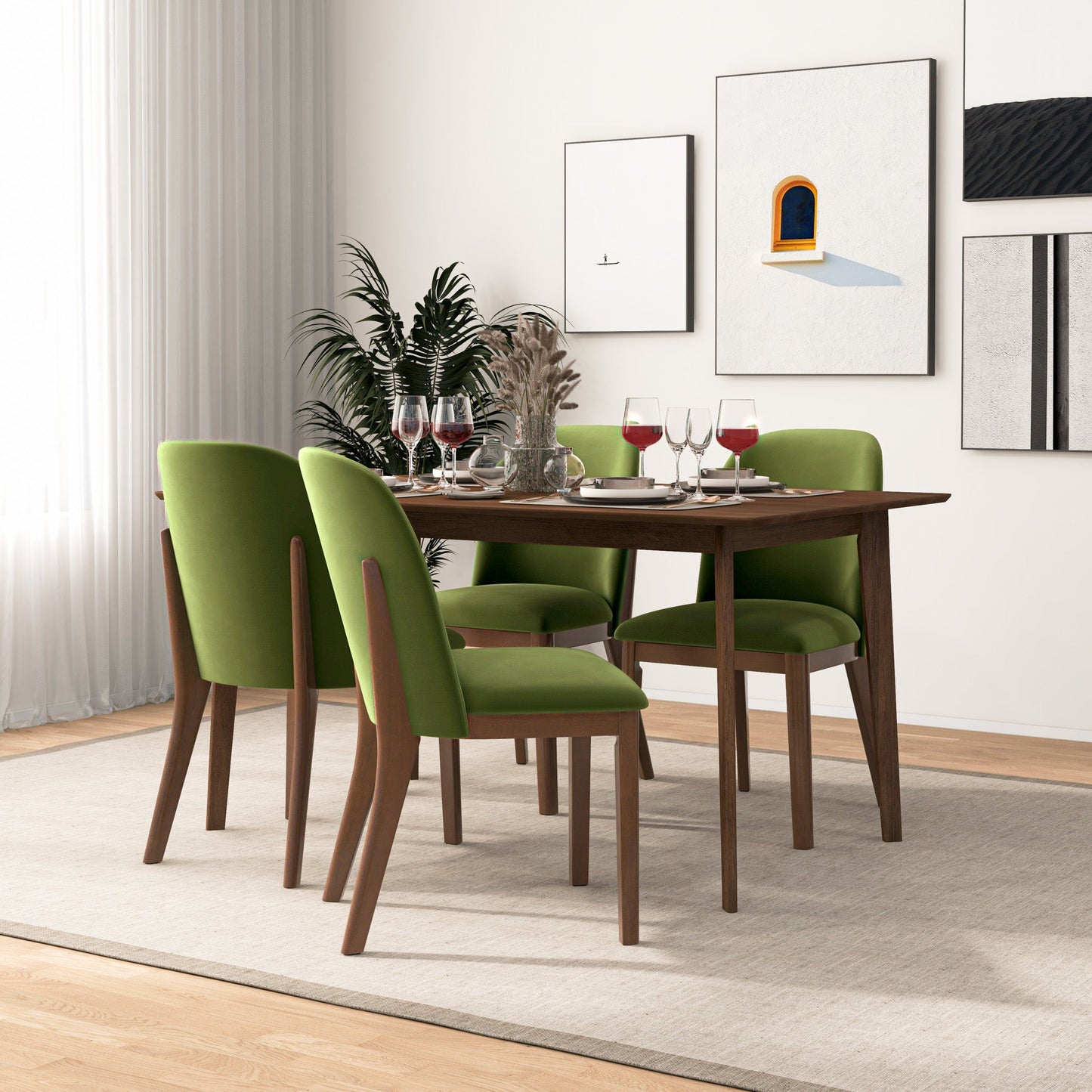 Kaitlyn Mid-Century Modern Green Velvet Dining Chair   Set Of 2   With Solid Wood Legs, 34.3  H X 19.3  W X 23  D Velvet Fabric Upholstered Kitchen Side Chairs