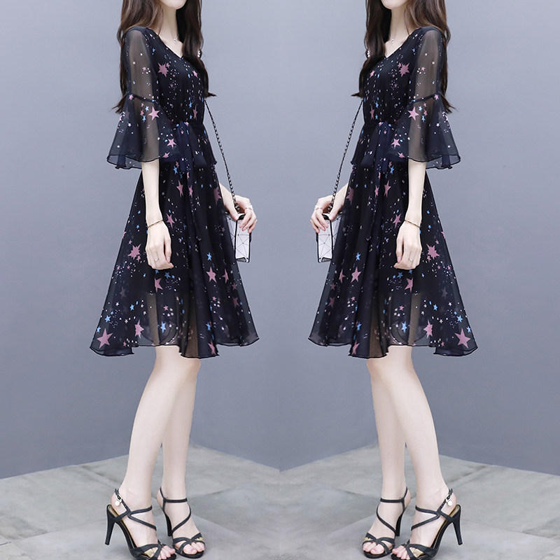 Elegant Social-print Chiffon Dress Korean Style