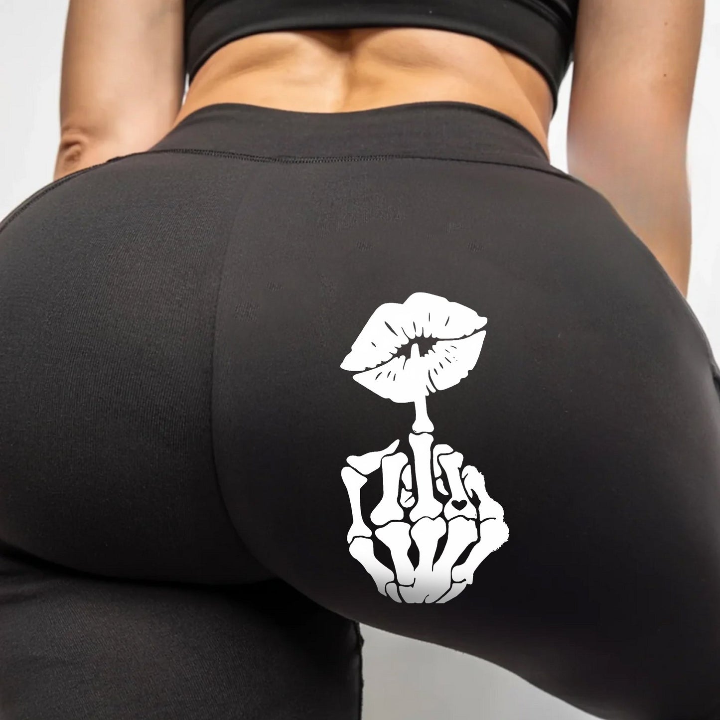 Yoga Pants With Skeleton Finger & Kiss Graphic For Active Women