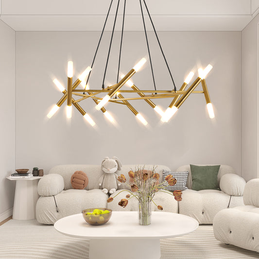 41  Golden Modern Chandelier Light Fixture, Branch Design With Frosted Tubes, Black Cords, Adjustable Height Pendant Light For Dining Room, Living Room, Or Kitchen Island Bulb Not Included