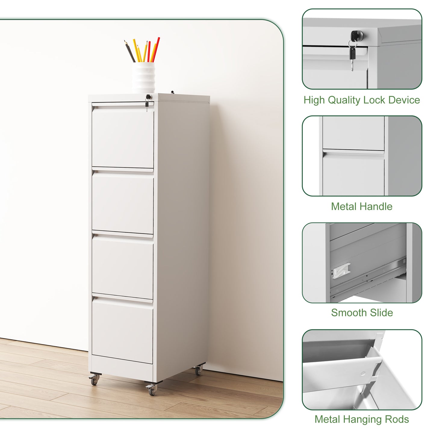 4 Drawer Metal Locking Vertical File Cabinet On Wheels -Heavy-Duty Lockable Cabinet For Home & Office, Black, 17.71 Dx15.16 Wx52.28 H,White