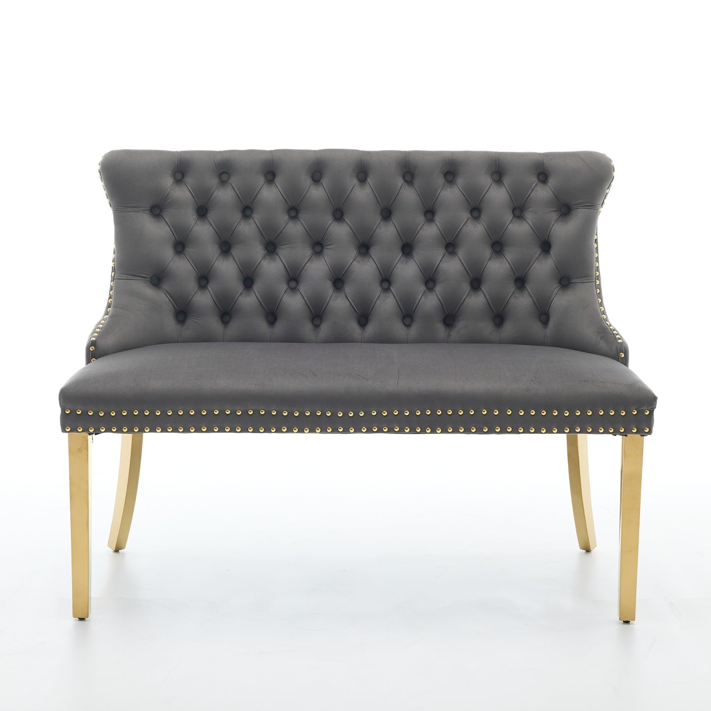 Velvet Double Dining Loveseat Bench, Kitchen & Dining Seating, 2-Seat Tufted Bench W Handmade Buttons, Wing Back, Gold-Plated Steel Legs, Mid Century Modern,Single Pack,Gray,SW1602GY