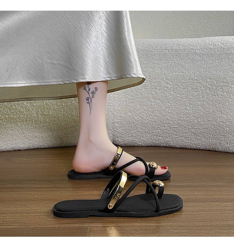 Women's Metallic Flat Slide Sandals, Outdoor Wear Toe Loop Beach Sandals, 2026 Summer New Arrival, Elegant Fairy Style Ladies Shoes