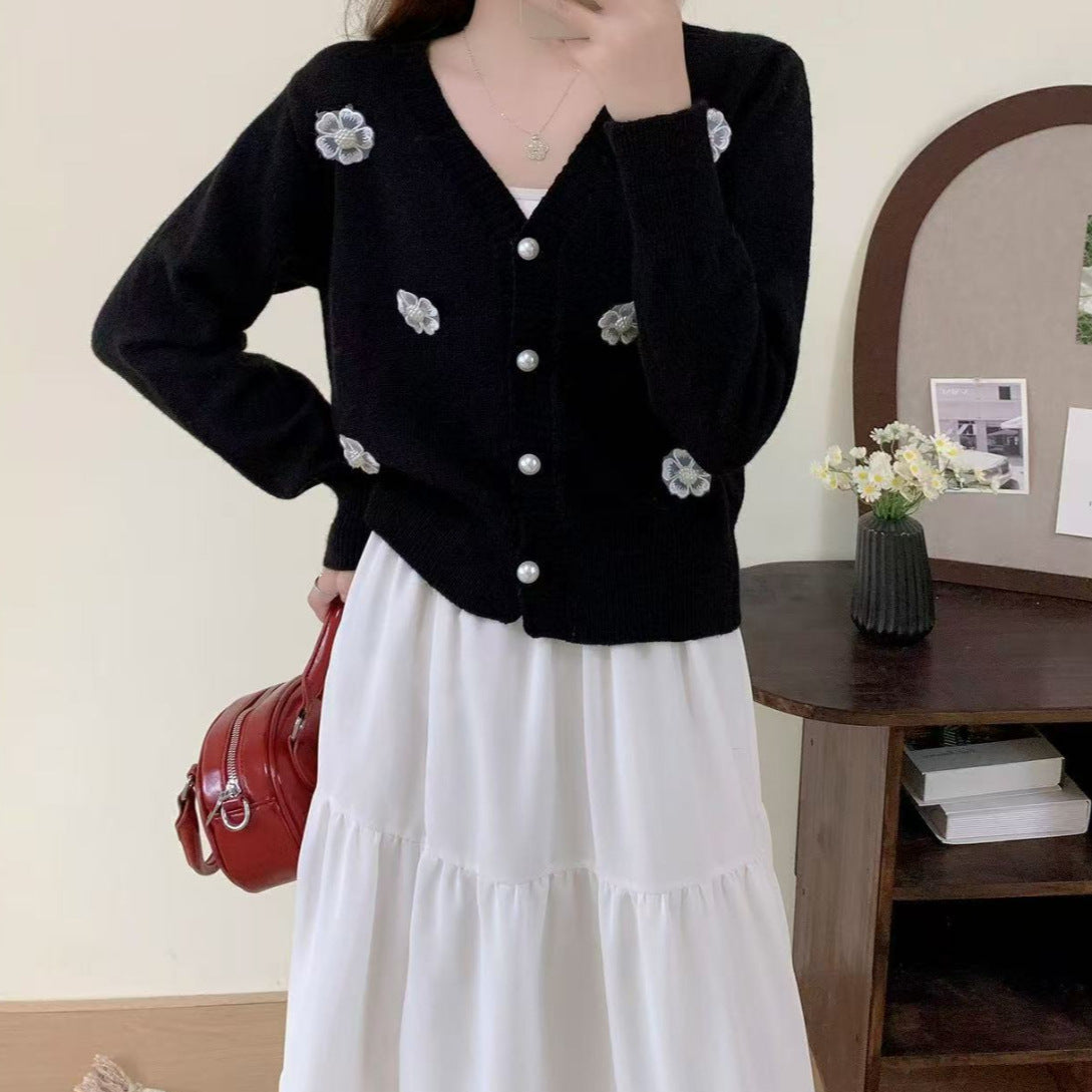 Korean-style 3D Floral Beaded Knit Cardigan For Women Autumn