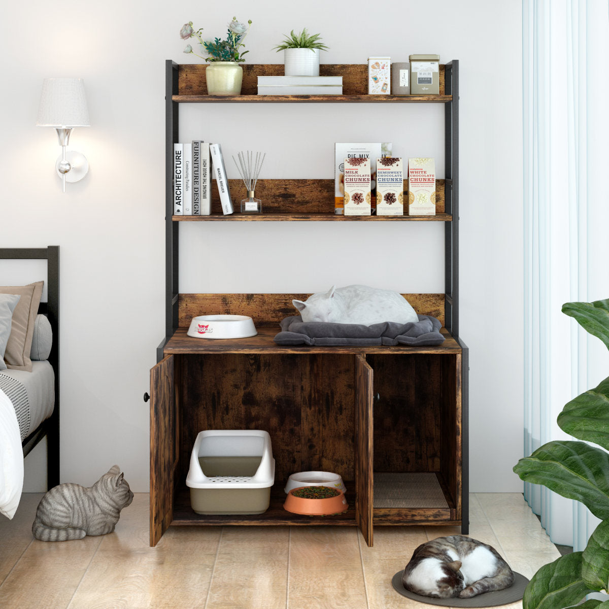 Large Cat Litter Box Enclosure With Storage Shelf, Hidden Cat Washroom Furniture, Wooden Cat House With Scratch Pad, Sturdy Indoor Pet Cabinet With 2 Doors For Odor Control, Brown