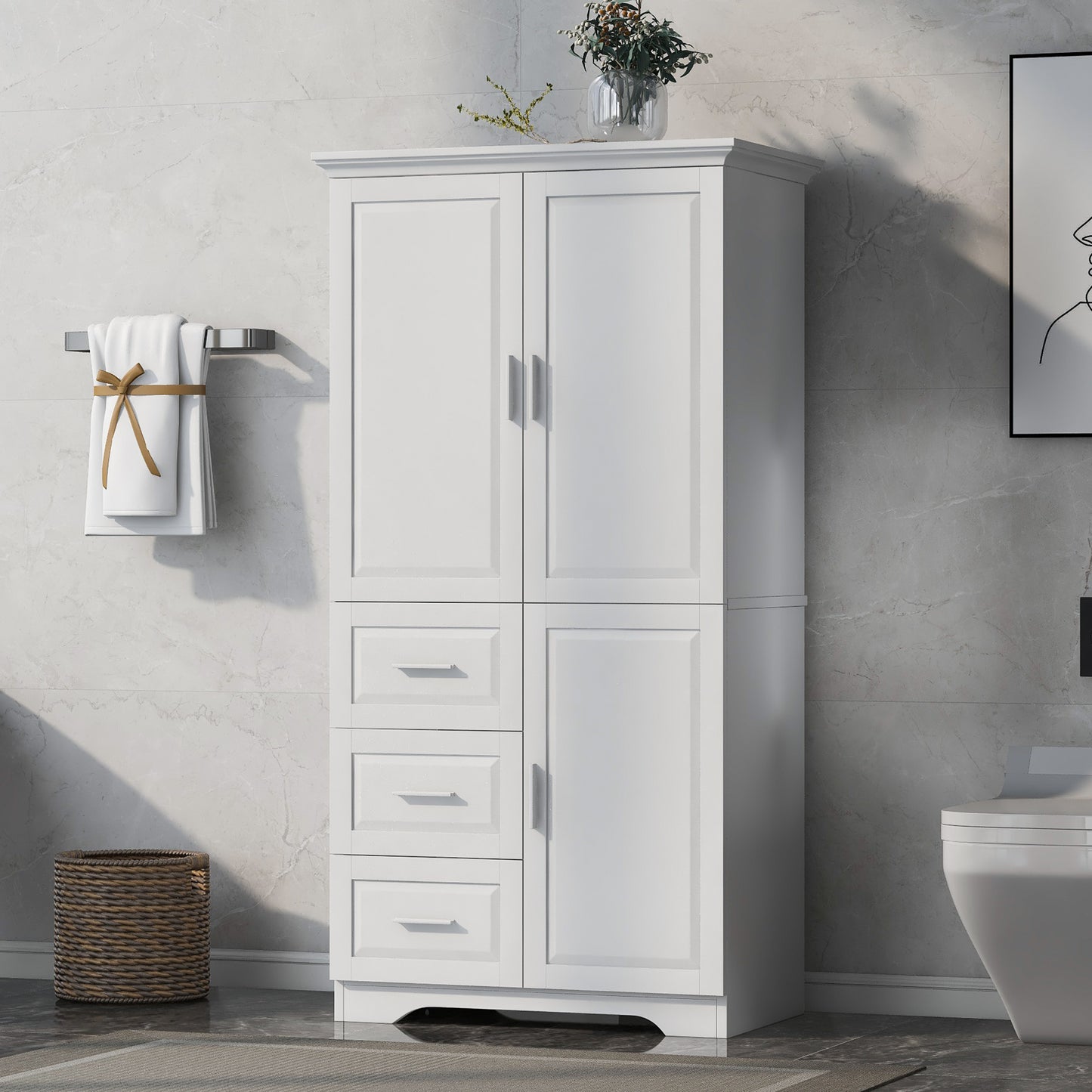 Tall And Wide Storage Cabinet With Doors For Bathroom Office, Three Drawers, White
