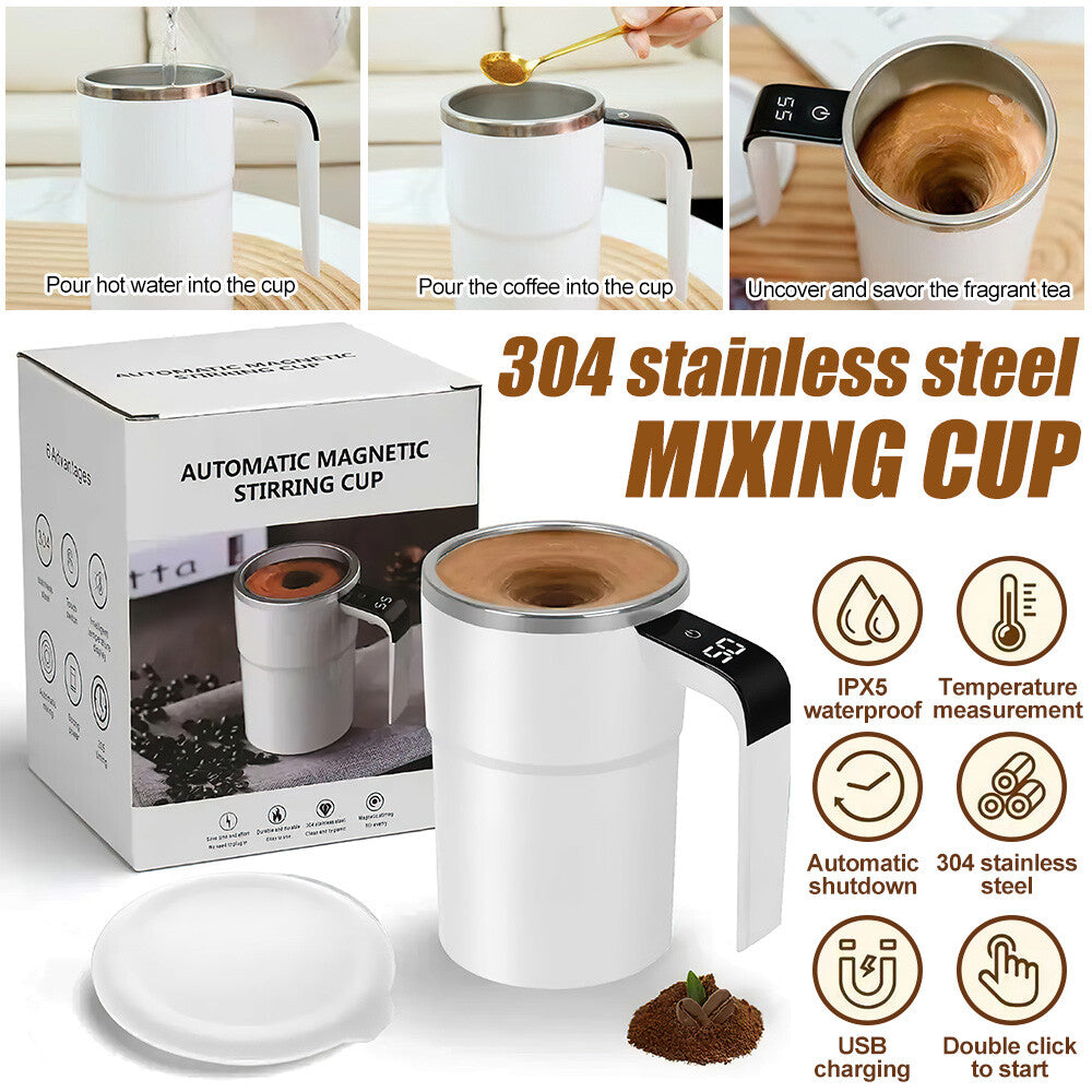 Digital Self Stirring Coffee Mug Auto Mixing Milk Tea Cup Magnetic Rechargeable White