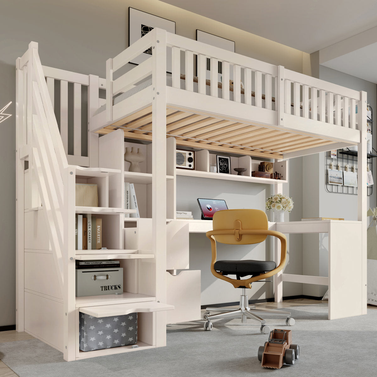 AB403889012W Loft Bed For Children 90x200 Cm White With Stair Cupboard And Corner Desk Under The Bed, Storage Space And Drawers, Space-saving Wooden Bed For Children And Teenagers, Without Mattress