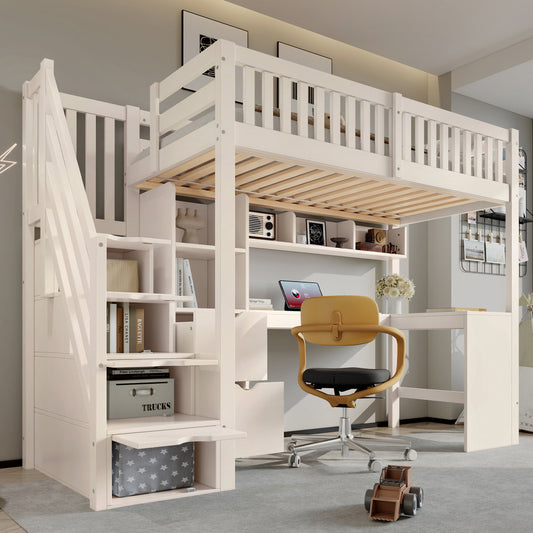 AB403889012W Loft Bed For Children 90x200 Cm White With Stair Cupboard And Corner Desk Under The Bed, Storage Space And Drawers, Space-saving Wooden Bed For Children And Teenagers, Without Mattress