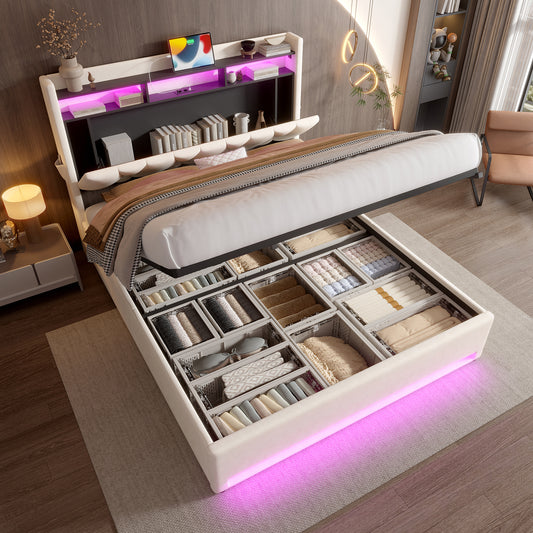160 X 200cm Upholstered Bed Frame With LED Lighting, USB Type-C Charging And Underbed Storage, Storage Headboard, Hydraulic Storage Bed Frame, Beige, Without Mattress