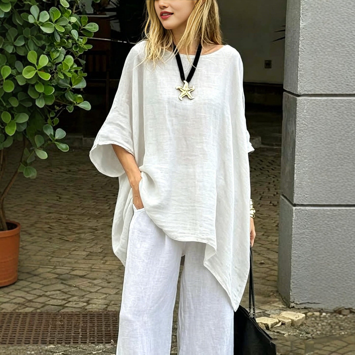 Womens Irregular Fashion Solid-Color Round-Neck Casual Top