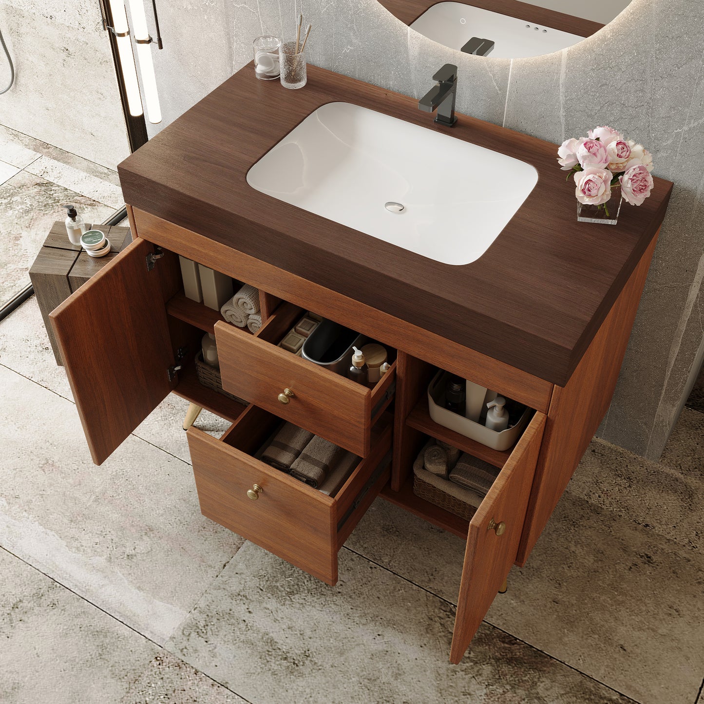 36  Modern Freestanding Bathroom Vanity With Sintered Stone Top, Ceramic Sink & Smart Storage