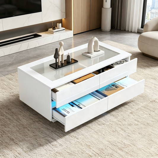 Modern White Coffee Table 100x50x40cm, Coffee Table With 4 Drawers, LED Lighting, Tempered Glass Top And High-gloss Fronts, Stable Living Room Table Made Of Chipboard With 35kg Load Capacity