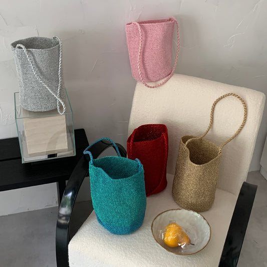Korean-style Red Handmade Woven Bucket Bag For Women