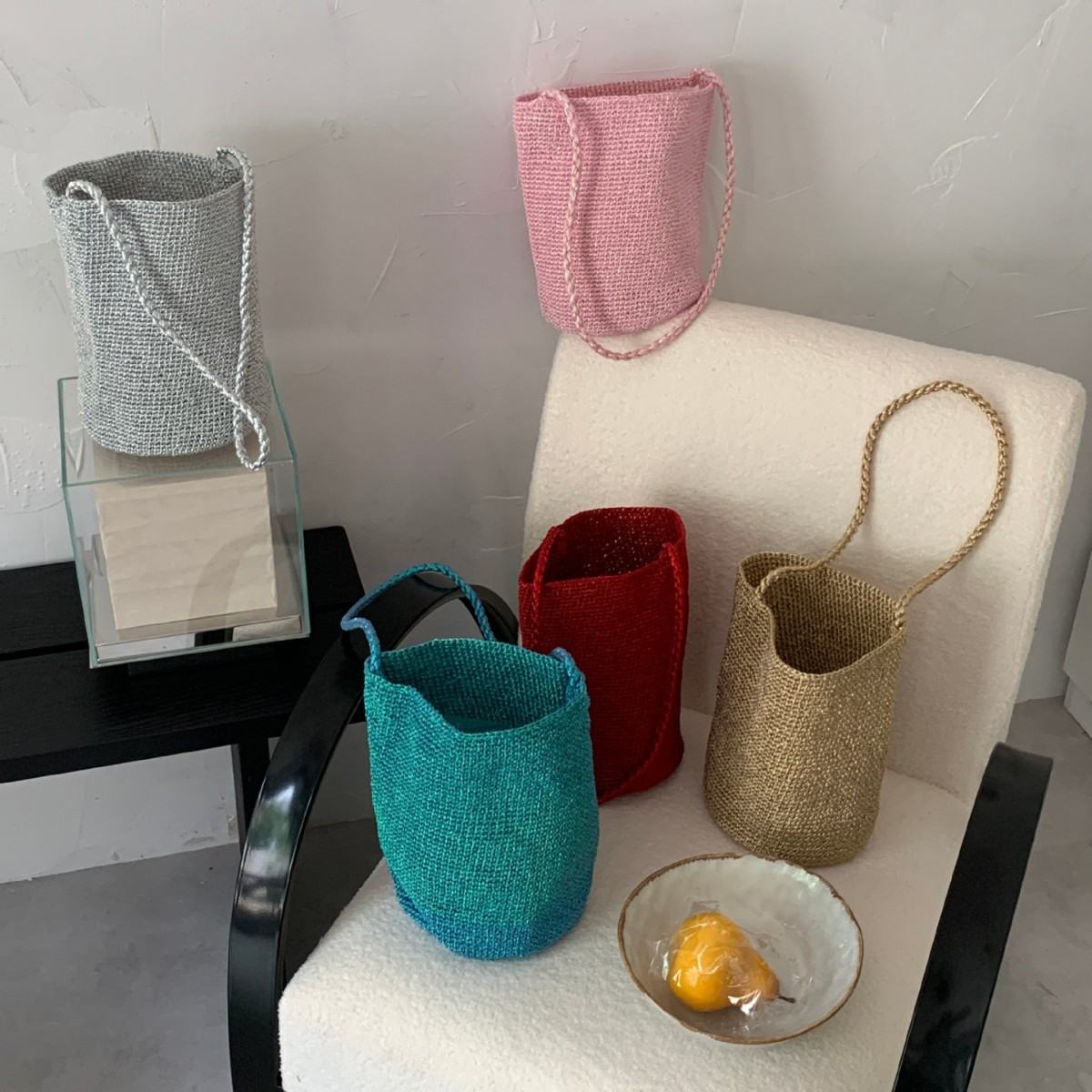 Korean-style Red Handmade Woven Bucket Bag For Women