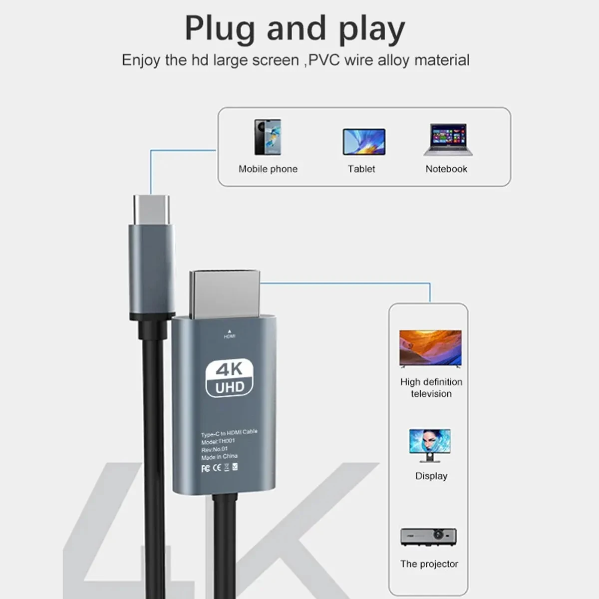 4K HD Video Conversion Cable Type C To HDTV, Same Screen, Cable For TV And Computer, 2 Meters, Braided Projection Cable