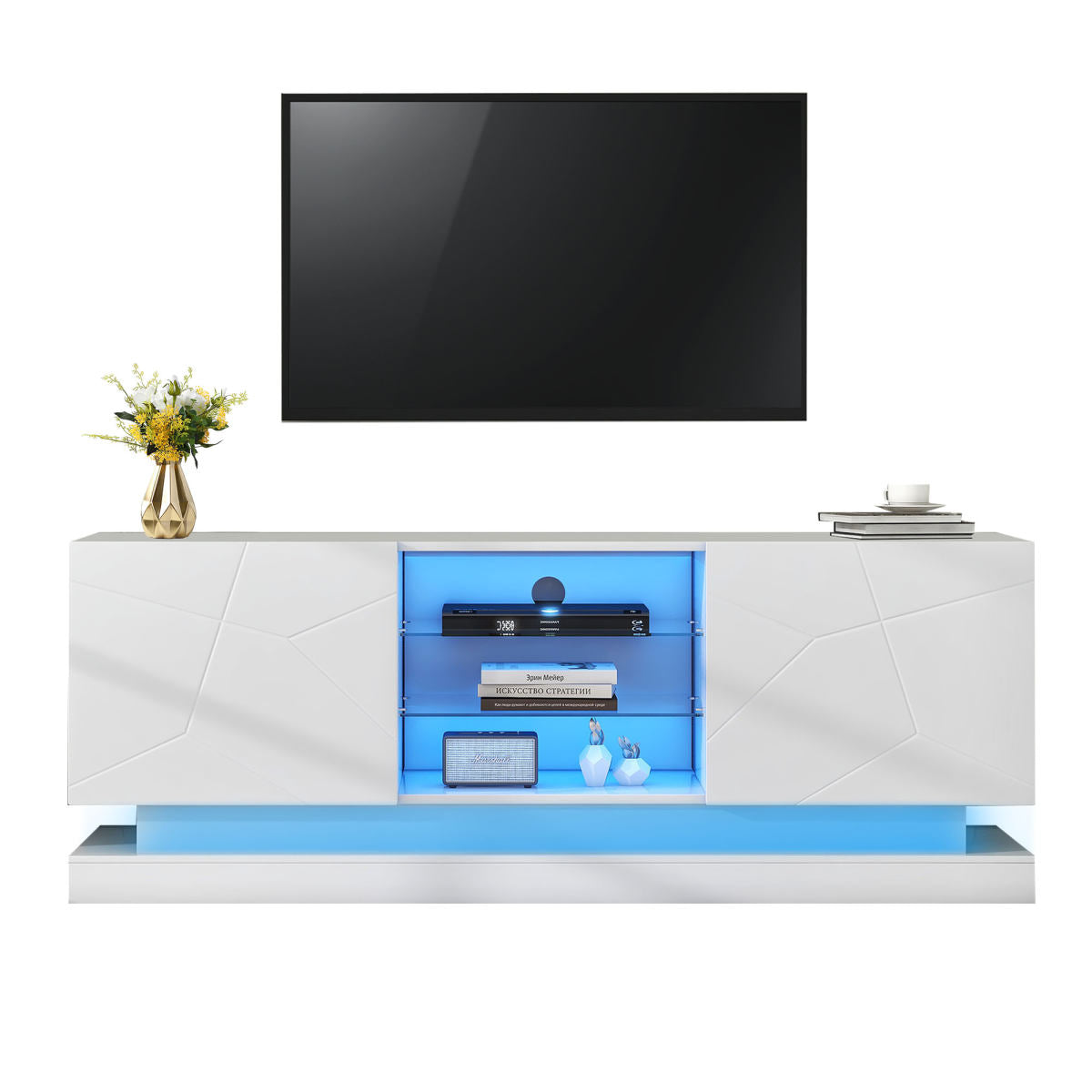 White Frosted TV Stand - 1.6 Meters Length, Adjustable Glass Shelf, 70 Inches Space, Stylish Storage With Silent Hinges