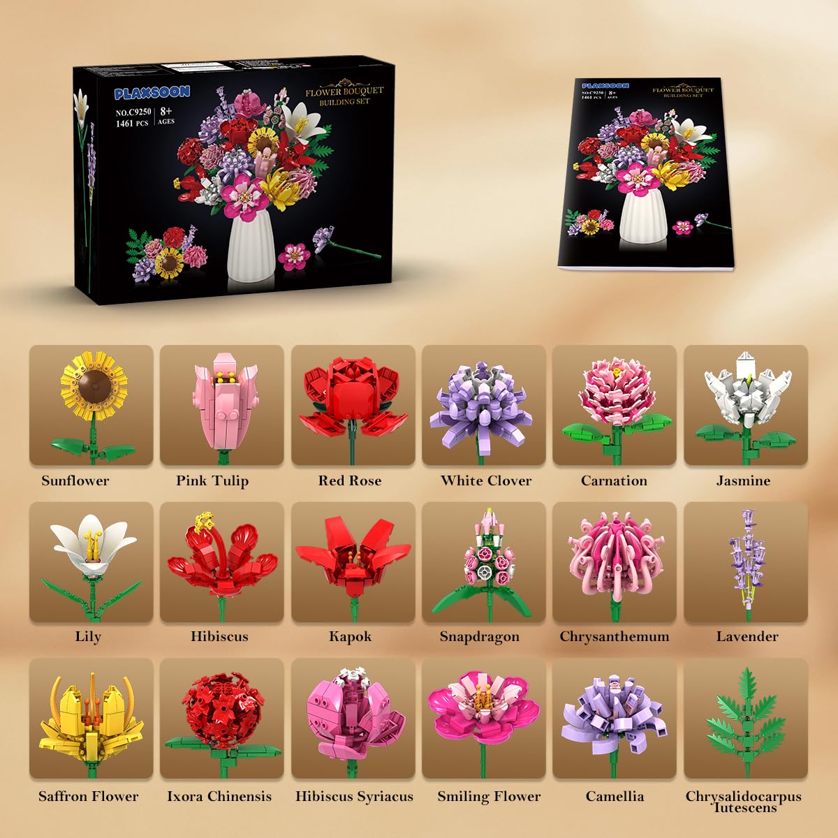 Flower Bouquet Building Set, Valentines Day Botanical Building Block Toy 1464 PCS, 18 Flowers Rose Sunflower Home Plant Decor, Birthday Gifts For Adults Women Boys Girls