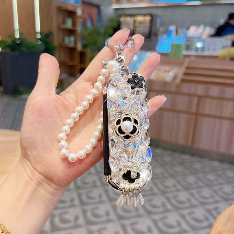Crystal Glass Diamond Portable Makeup Mirror Comb Keychain