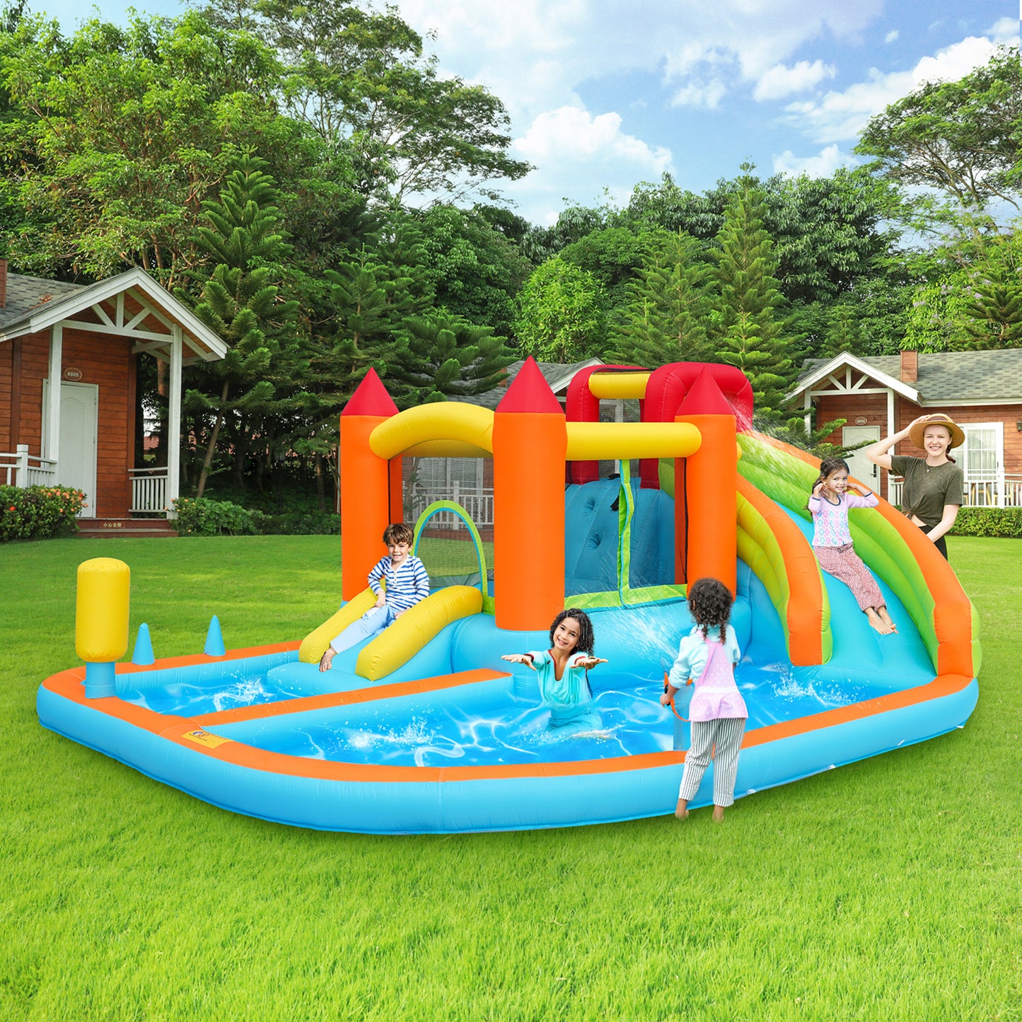 Multifunctional Outdoor Bouncy Castle With Blower, Water Slide  Trampoline  Basketball Hoop    Water Gun, 2 Pool Areas, 1 Large And 1 Small Slide, For Dry And Wet Use, A Water Par