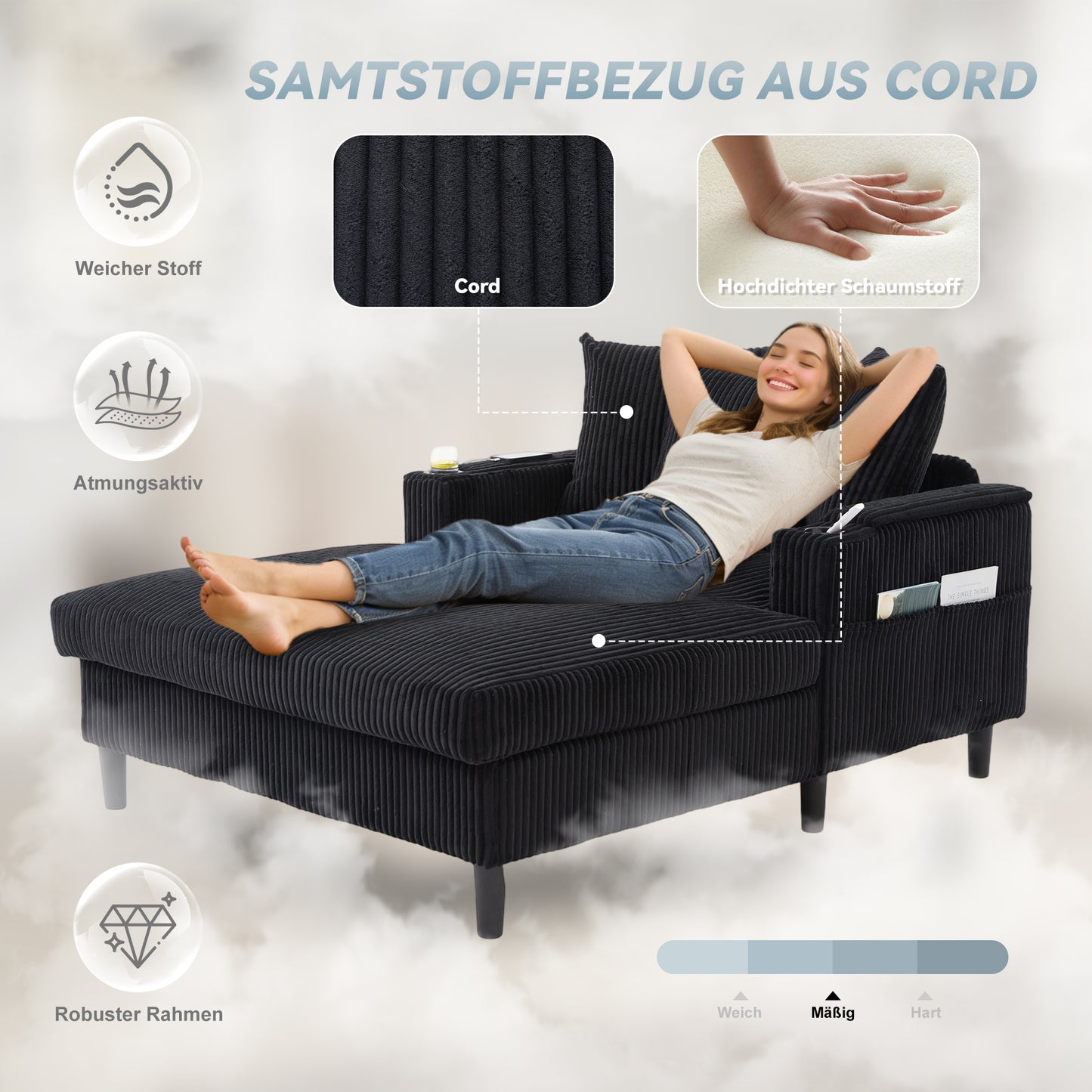 Multifunctional Corduroy Lounge With Chaise Longue With Large Lying Surface, Cup Holders On Both Sides, LED Lighting, Side Pocket, Storage Space, USB Charging Port, Sturdy Plastic Feet  Versatile.