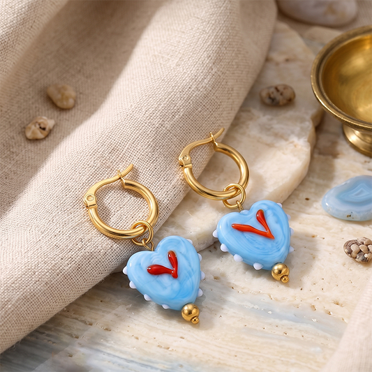 Y2K Light Blue Ceramic Heart Drop Earrings - 18K Gold Plated Stainless Steel Hoop Earrings - Cute Romantic Glazed Porcelain Jewelry Gift For Women