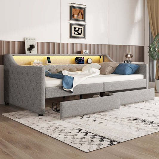 Daybed, 90 X 200cm, Sofa Bed, Daybed With Slatted Base  Without Mattress , Ambient Light With Remote Control, Bed With Two Drawers, USB Charging Socket, Linen, Grey