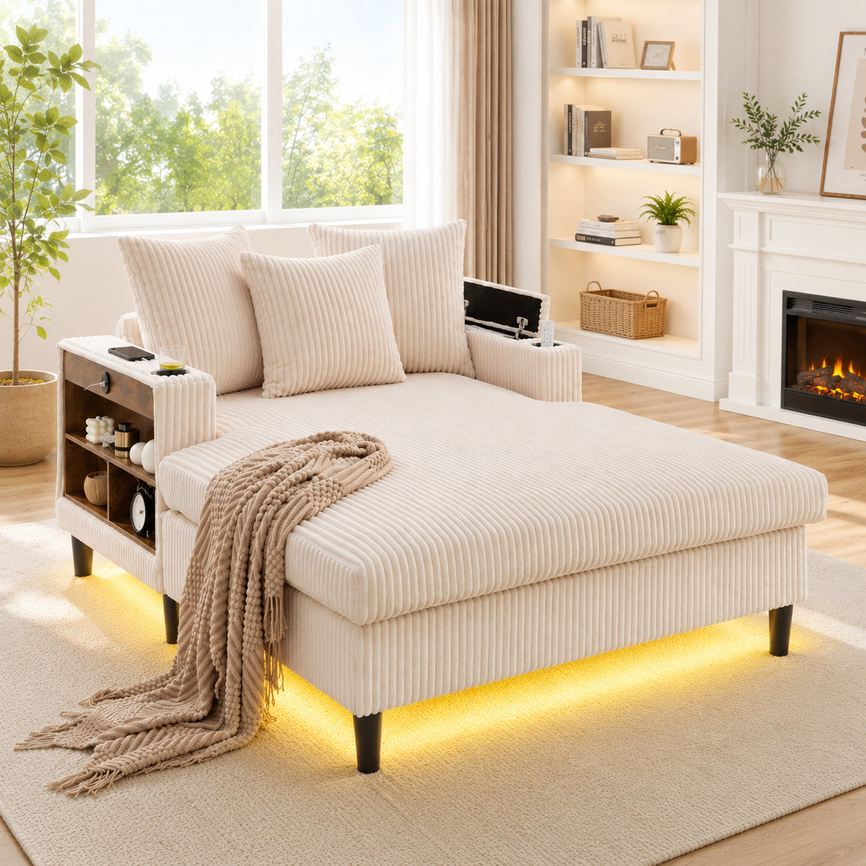 Multifunctional Corduroy Lounge With Chaise Longue With Large Lying Surface, Cup Holders On Both Sides, LED Lighting, Side Pocket, Storage Space, USB Charging Port, Sturdy Plastic Feet  Versatile