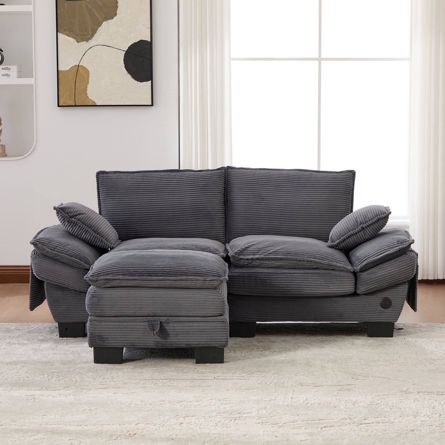 Modular Sofa With Wide Seat Surface For 2 People, Ergonomic Design, High-density Foam Cushioning, USB-C Port And Side Pockets. Ideal For Living Room, Office Or Lounge. Dark Gray
