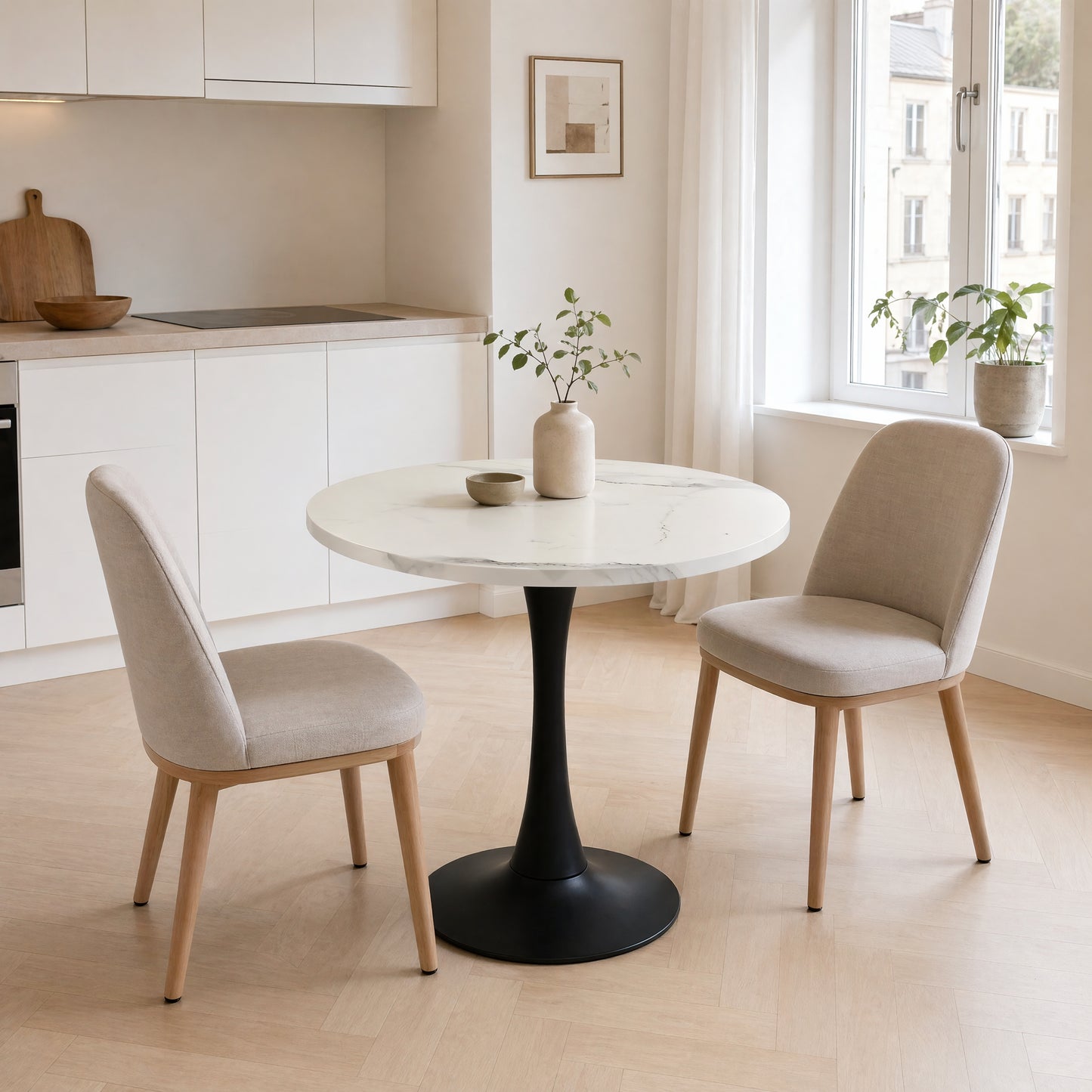 80cm Modern Round Dining Table For 2-4 Small Reception Table With White Marble Pattern Wooden Desk And Black Metal Pedestal Circle Kitchen Table For Home Office Dining Room Apartment