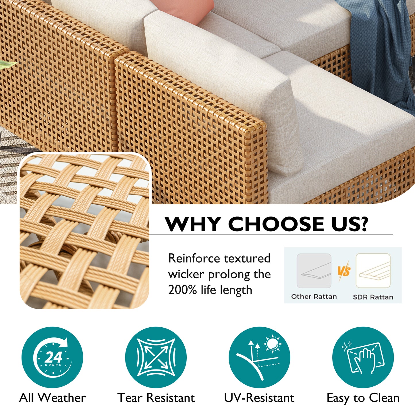 K&K 7-Piece Wicker Patio Furniture Set, Outdoor Conversation Set Sectional Sofa With Water Resistant Beige Thick Cushions And Coffee Table For Outdoor Couch, Porch, Backyard - Beige