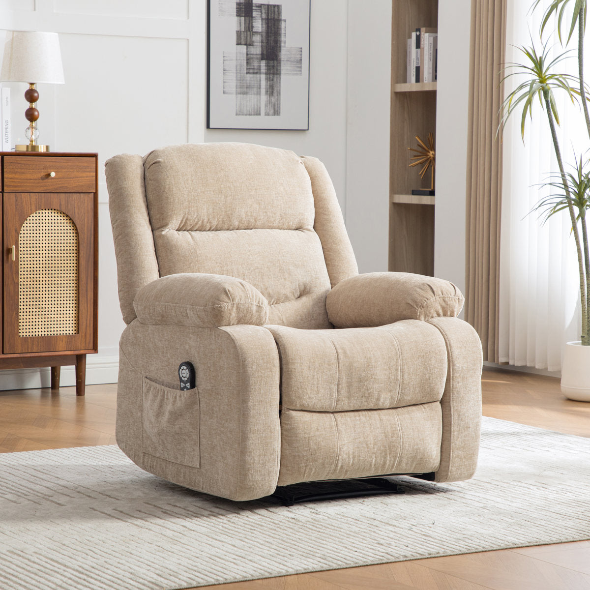 Multifunctional Electric Recliner With Electric Massage And Heat Function, Manually Adjustable Backrest And Footrest, And Side Storage Pockets.Light Khaki